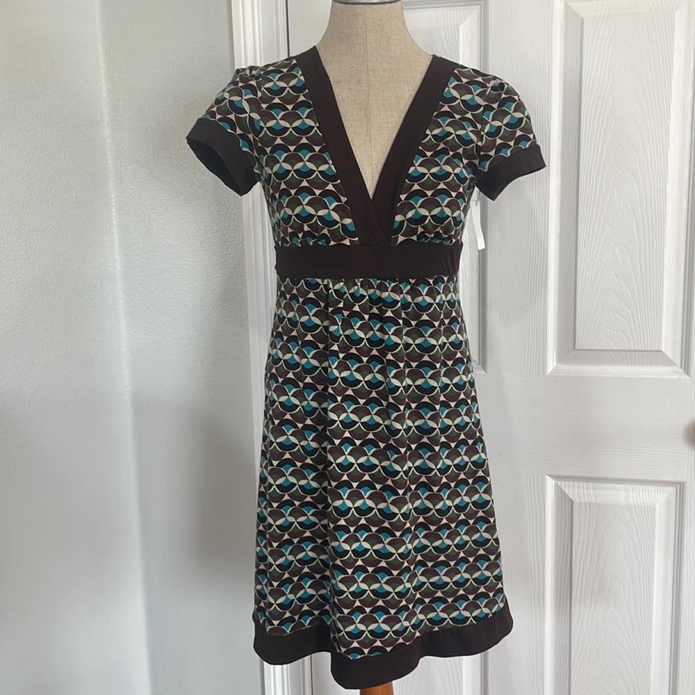 Vintage Wet Seal dress cut out back geometric pattern brown turquoise size L - Picture 2 of 10